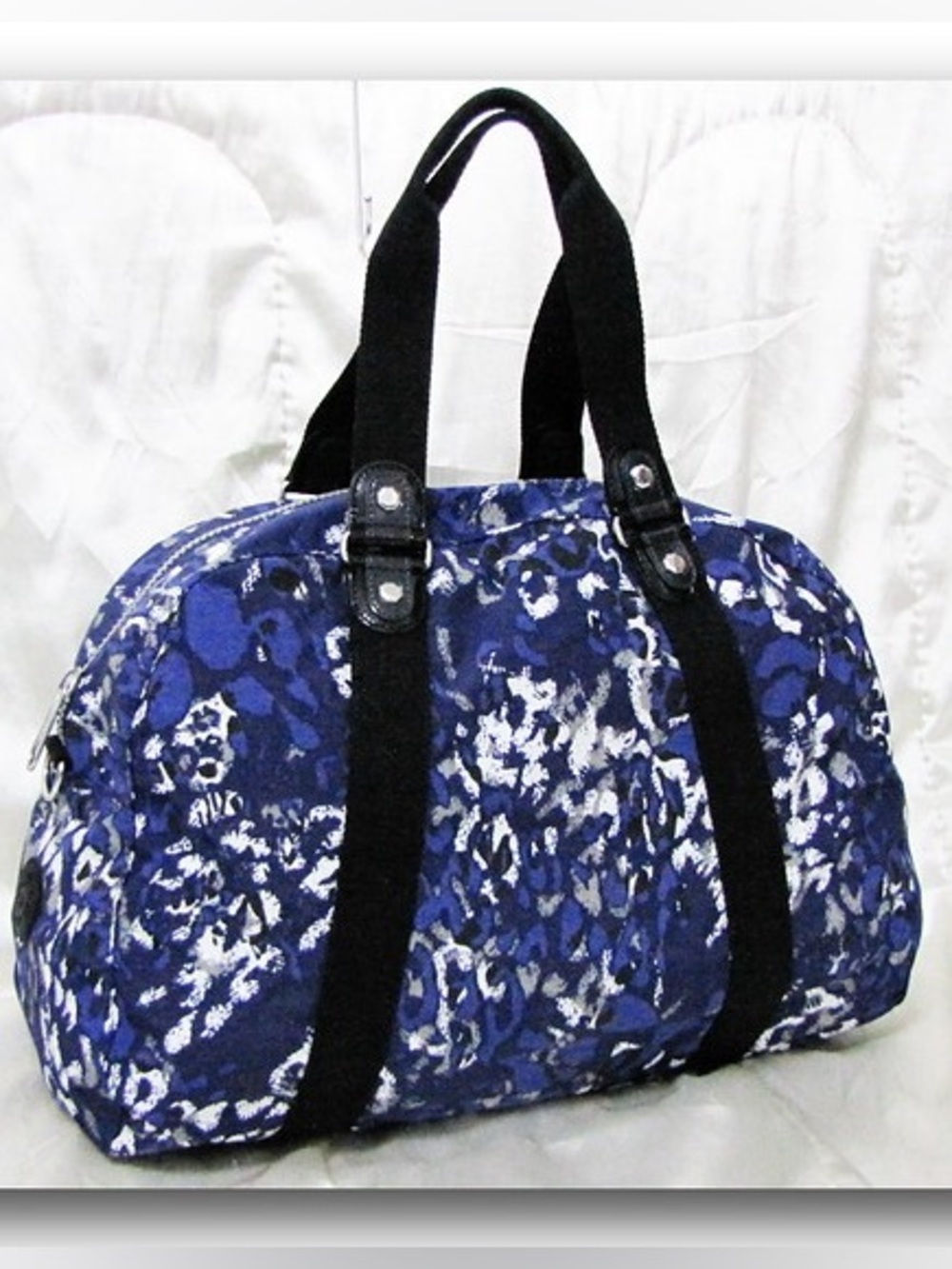 Kipling Royal Blue Abstract Print Nylon Weekender Duffle Bag Monkey Keychain